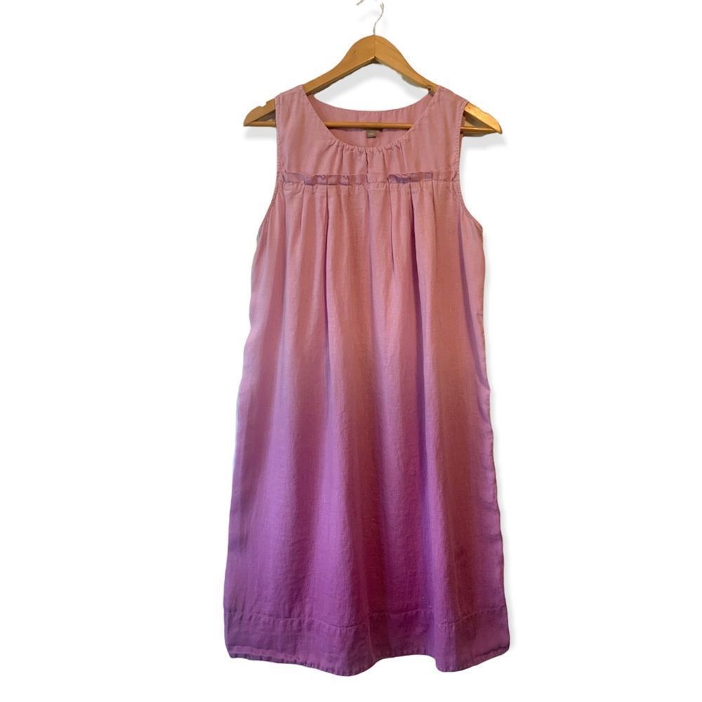 J.Jill Linen Pink Lavender Ombré Ruffle Front Pleated Sleeveless Dress Sz M